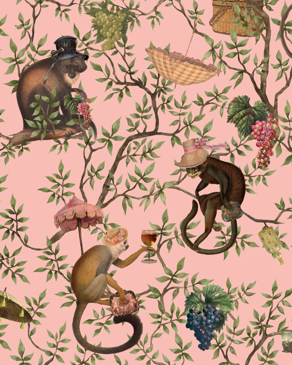 Playful Monkeys wallpaper featuring mischievous monkeys in old-timey hats and parasols swinging through trees, styled in a bold, maximalist room interior | Funky Paper Co