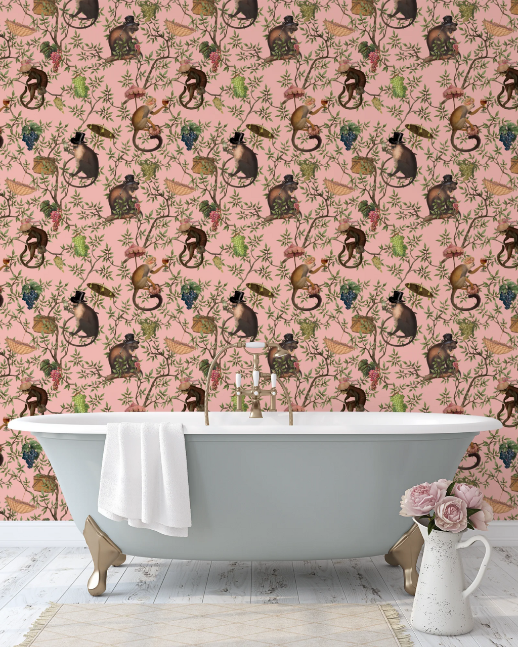 Playful Monkeys wallpaper featuring mischievous monkeys in old-timey hats and parasols swinging through trees, styled in a bold, maximalist room interior | Funky Paper Co