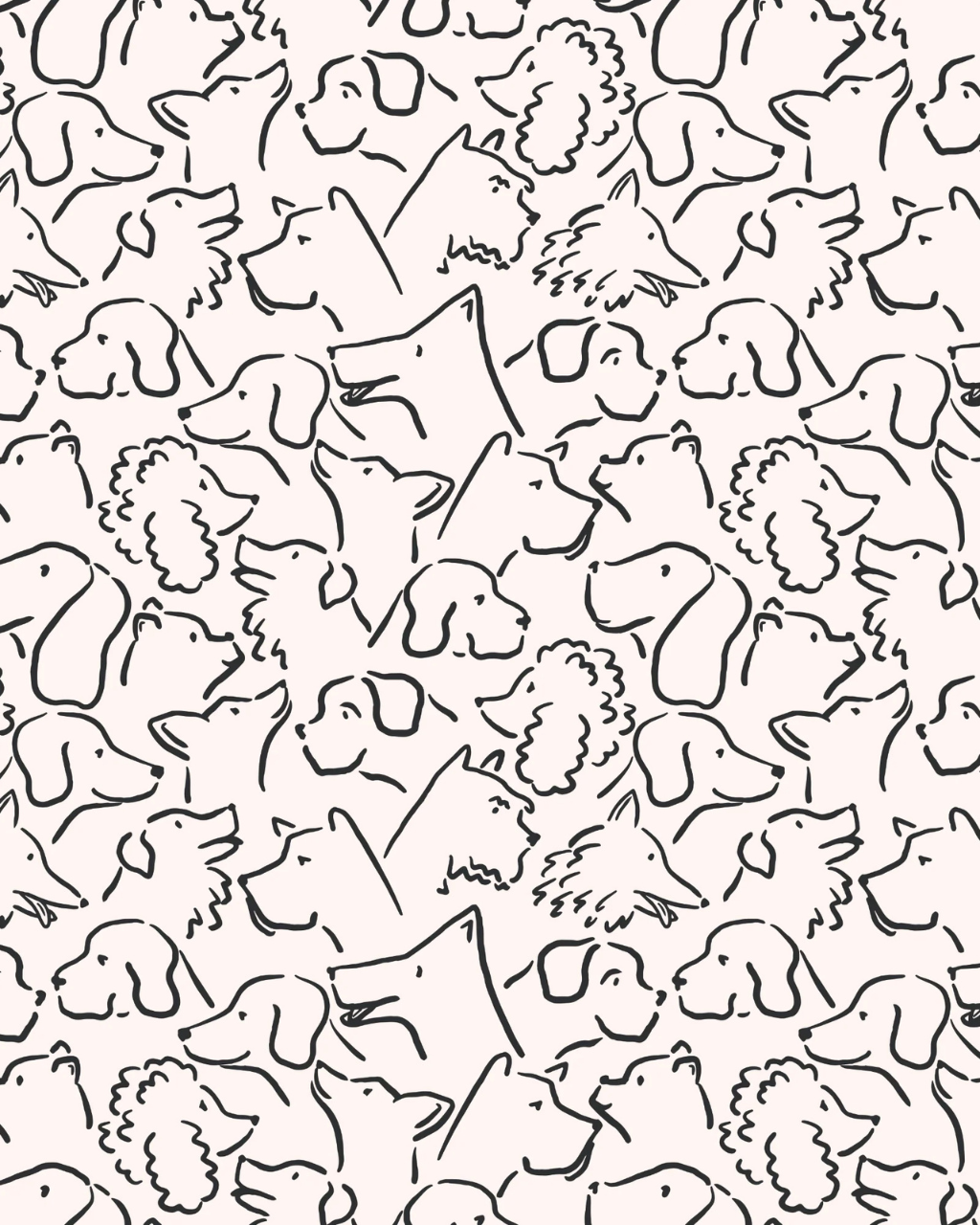 Playful Pups dog wallpaper in black featuring line art dog head silhouettes on a cream background