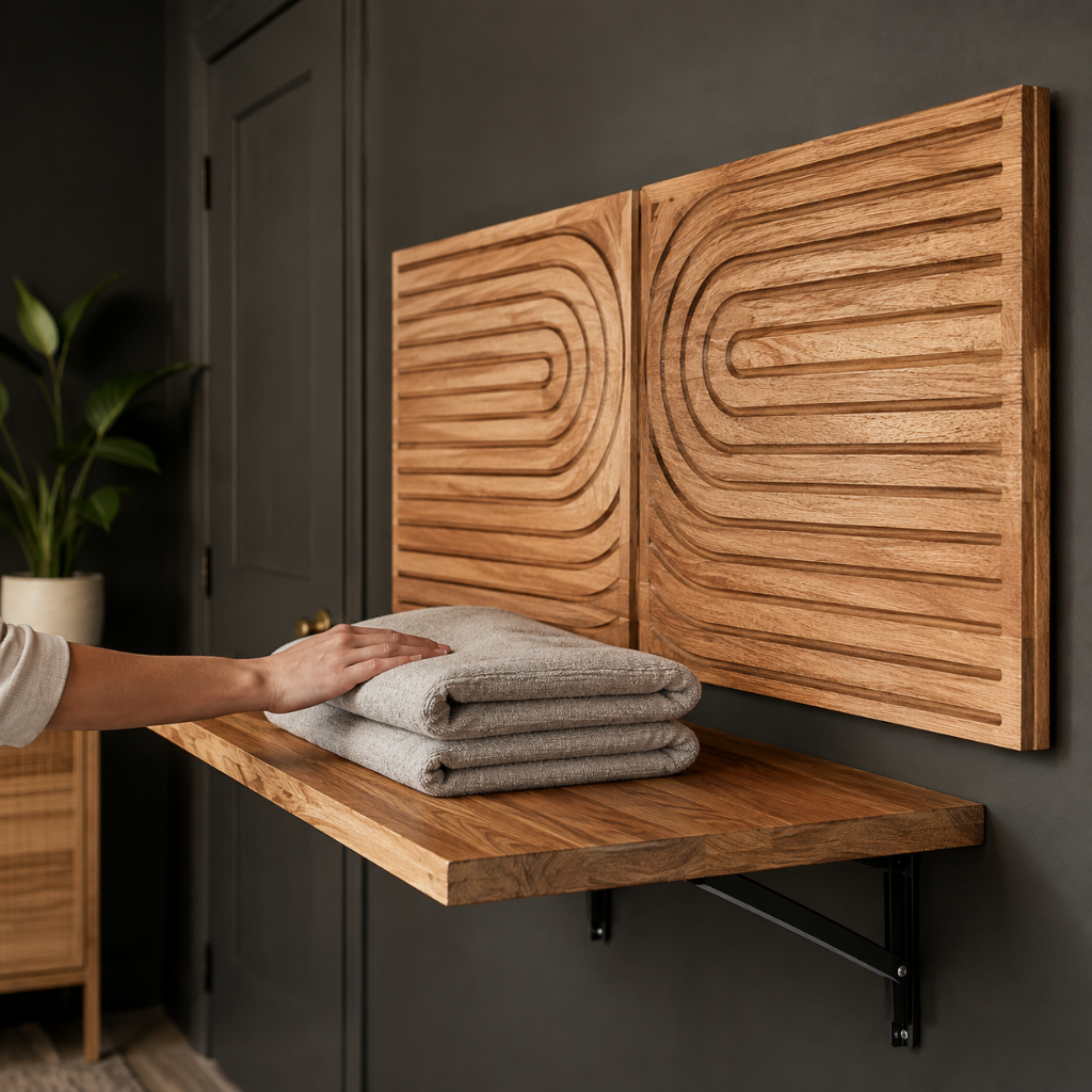A wooden shelf extends from the wall. The shelf can be lifted to be put away. The shelf is used as a folding station for towels and clothes in the laundry room.