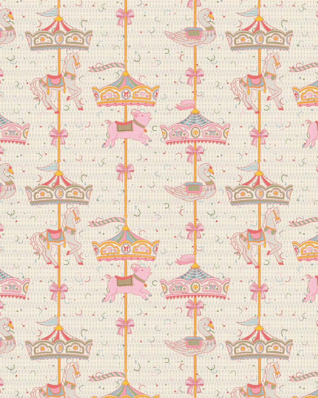 Preppy Animal Carousel preppy wallpaper with striped carousel poles, ponies and bows in soft pastels on a textured beige confetti background, styled in a whimsical room interior | Funky Paper Co