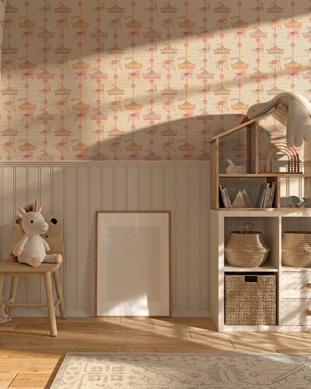 Preppy Animal Carousel preppy wallpaper with striped carousel poles, ponies and bows in soft pastels on a textured beige confetti background, styled in a whimsical room interior | Funky Paper Co