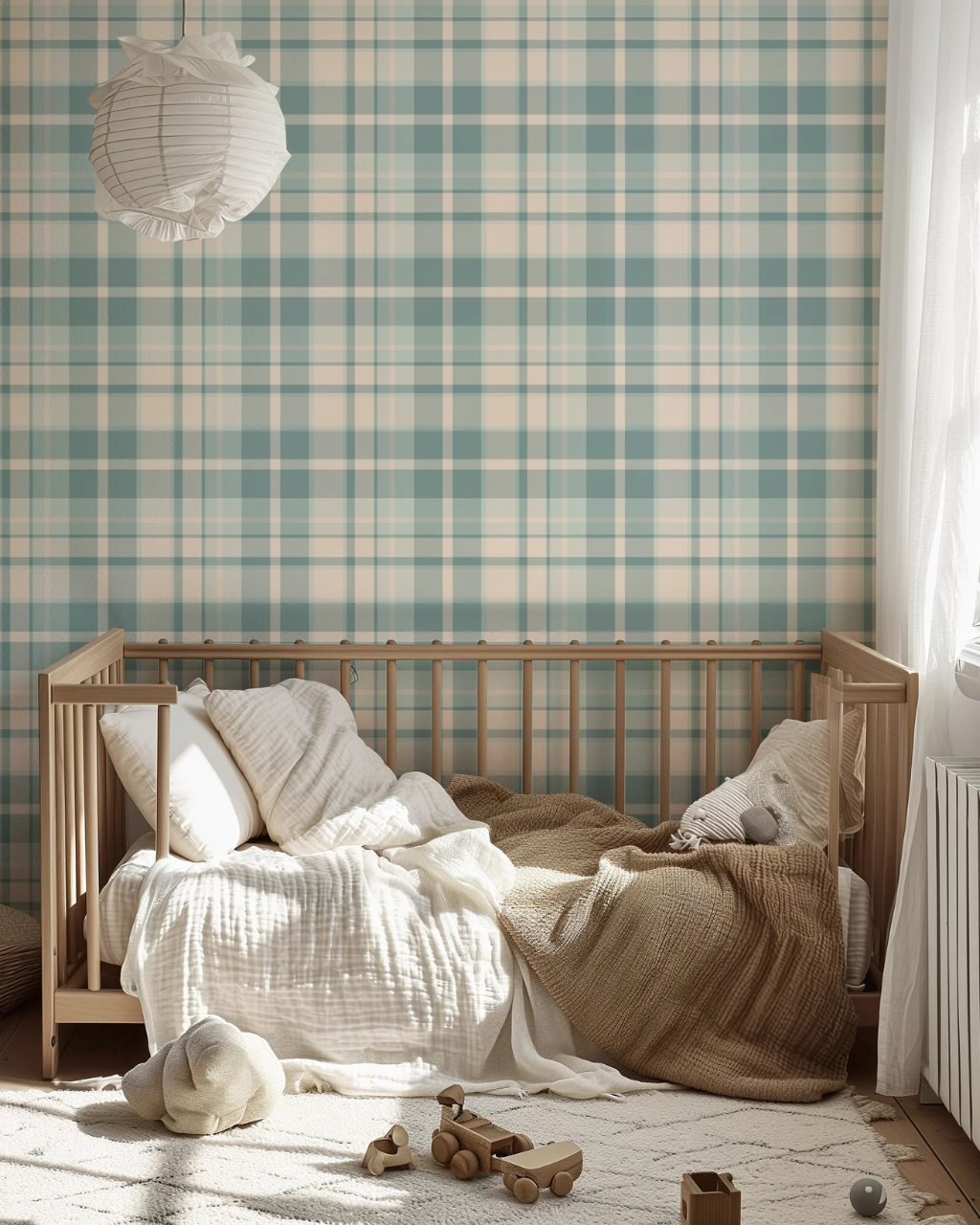Preppy Plaid preppy wallpaper with a classic plaid pattern in aquamarine and teal on linen white, styled in a clean, tailored room interior | Funky Paper Co
