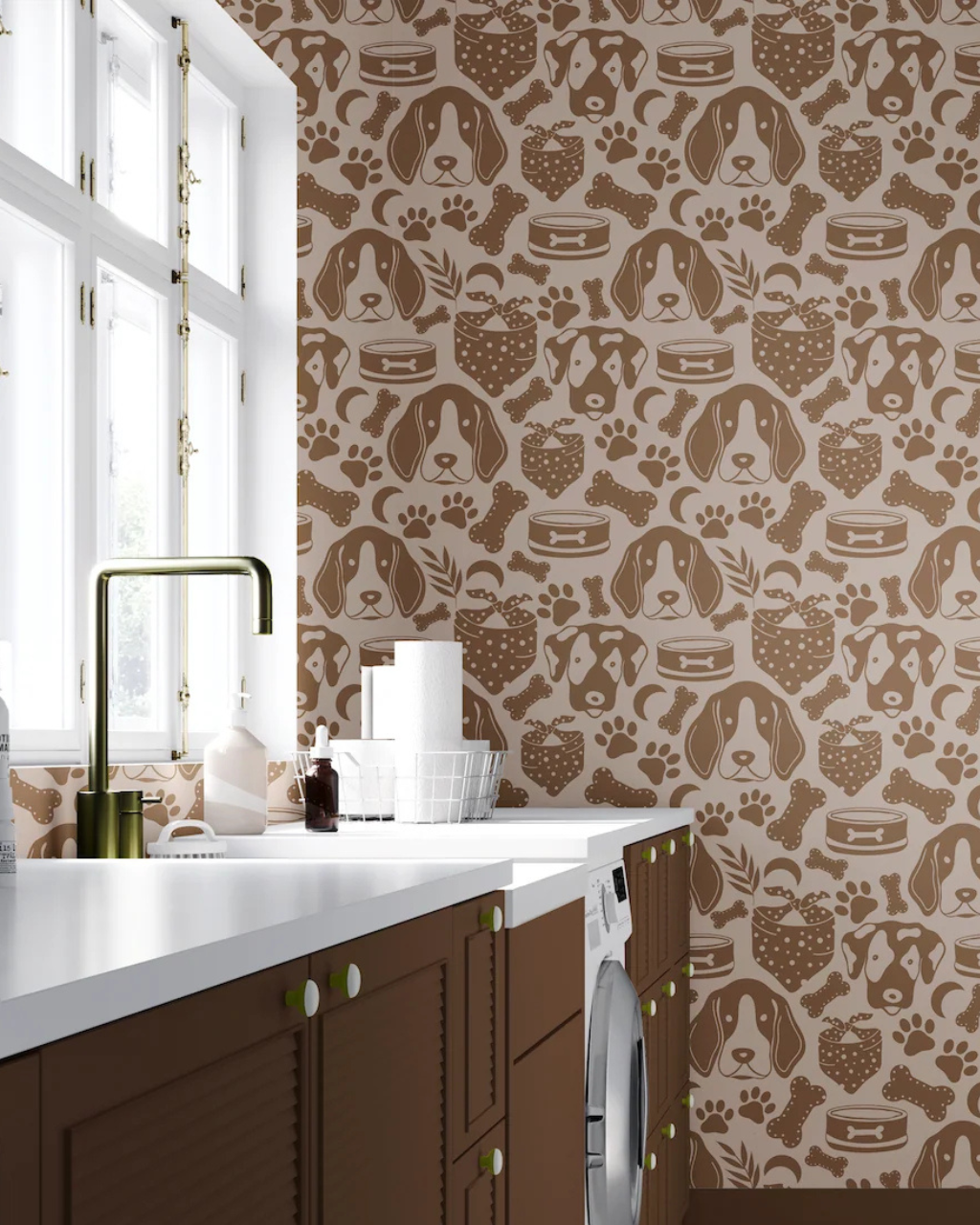 Puppy Love mocha dog wallpaper in a laundry room with dark wood cabinets and brass fixtures
