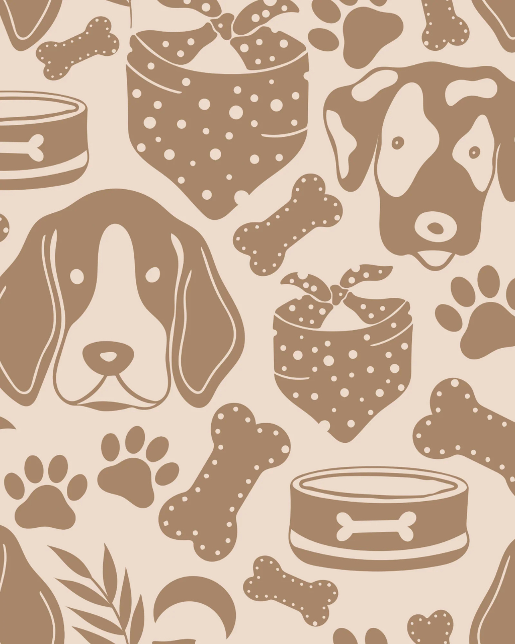 Puppy Love mocha wallpaper featuring beagle faces, paw prints, dog bones, and bandanas on a cream background