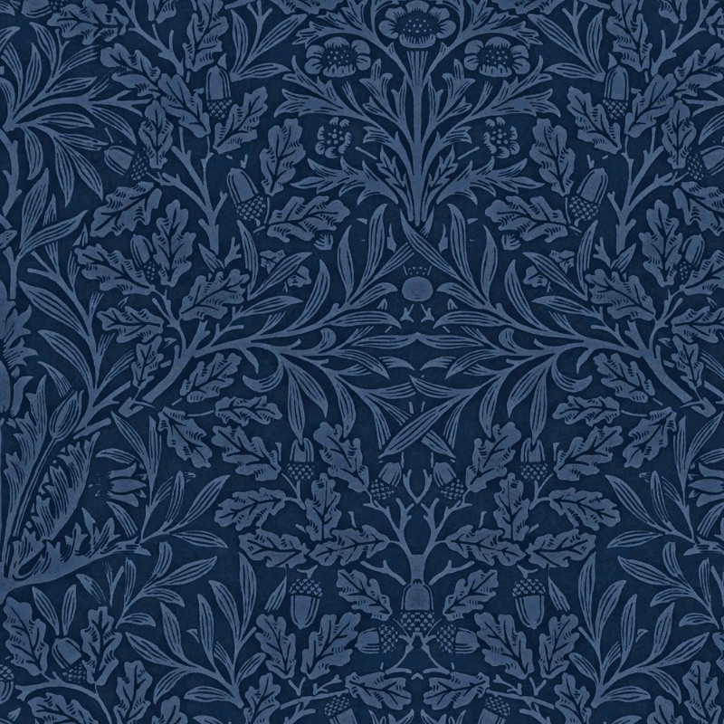 Pure Acorn by William Morris in Blue, a dense navy botanical wallpaper with acorn and leaf motifs by Funky Paper Co