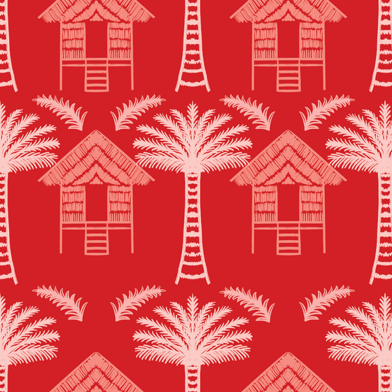 Tropical Huts Wallpaper in Red by Jenna Hang