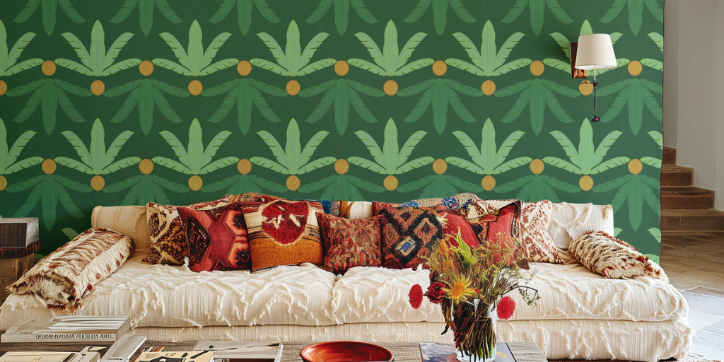 A living room featuring a white couch with warm-colored pillows and a Funky Paper Co Banana Plants Wallpaper in the background.
