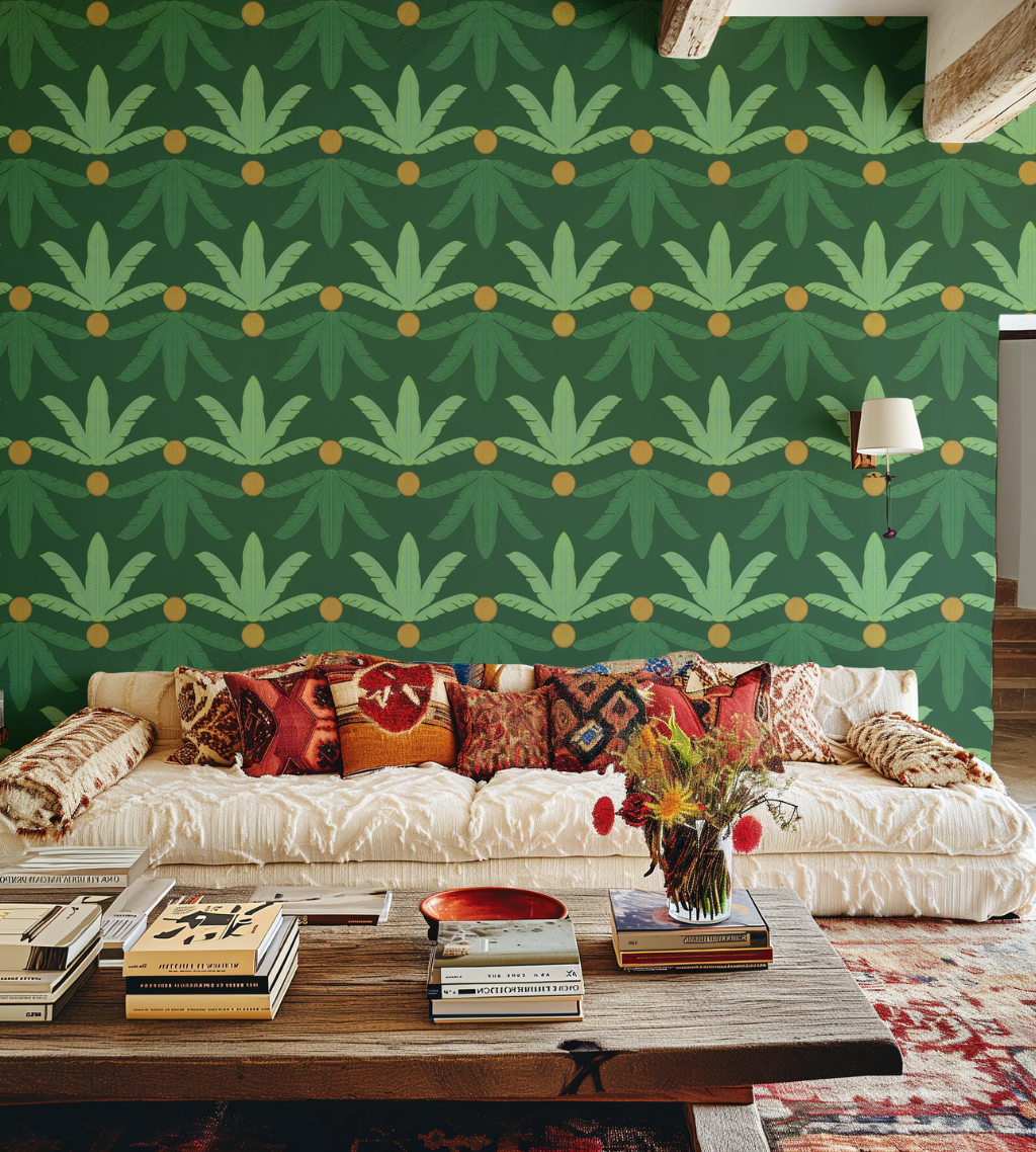 A living room featuring a white couch with warm-colored pillows and a Funky Paper Co Banana Plants Wallpaper in the background.