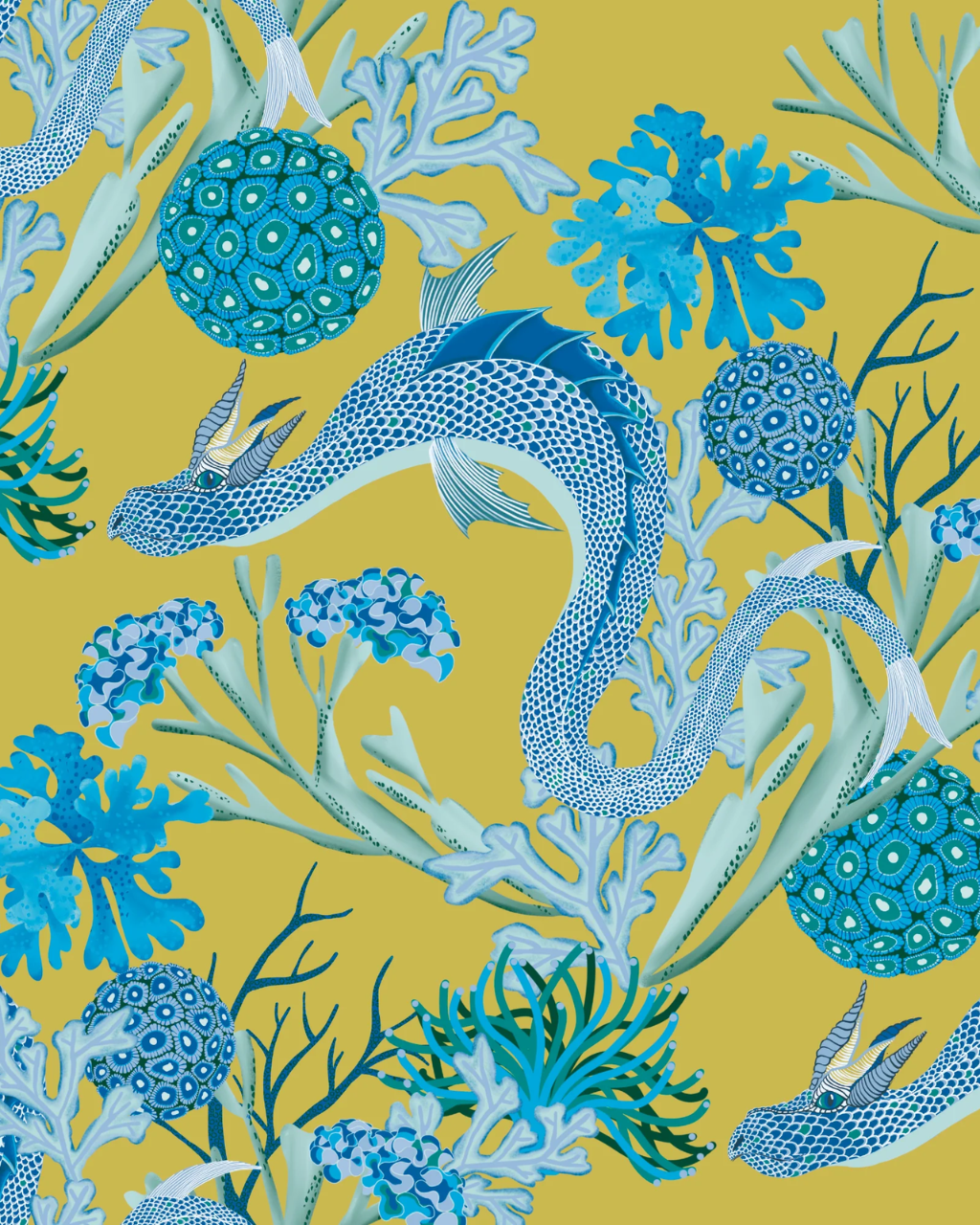 A print of laundry room wallpaper featuring a vibrant chartreuse background with a detailed blue and teal Sea Dragon pattern, including a large blue fish and coral.