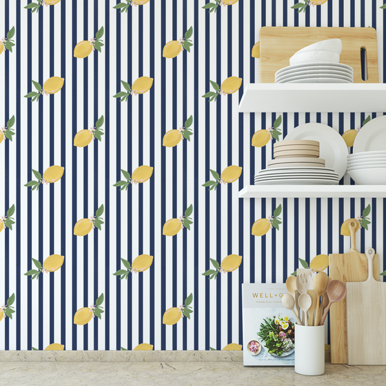 Zesty Stripe Wallpaper in Navy X Kate Clay