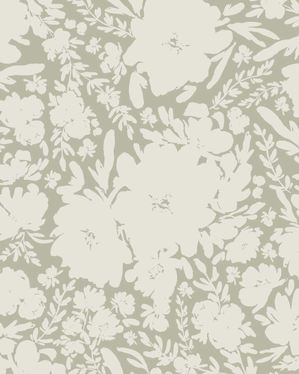 Soft sage neutral wallpaper with oversized beige floral silhouettes styled in a cozy bedroom with white bedding | Neutral Wallpaper Ideas for Every Room in Your Home by Funky Paper Co