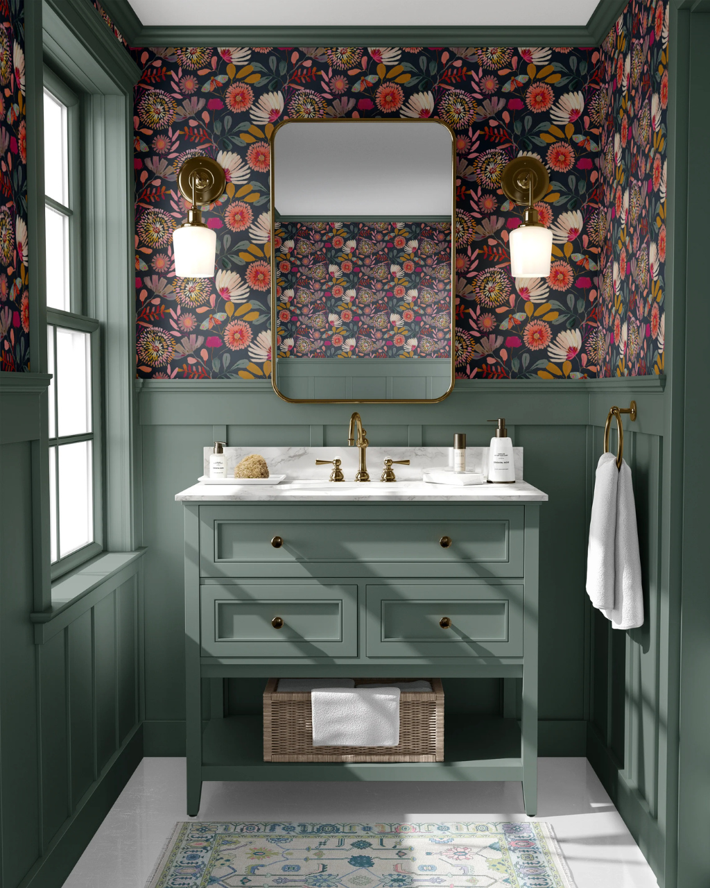 Sophisticated Botanicals wallpaper with bold painterly flowers and butterflies in bright colors against a high-contrast black background, styled in a room interior | Funky Paper Co