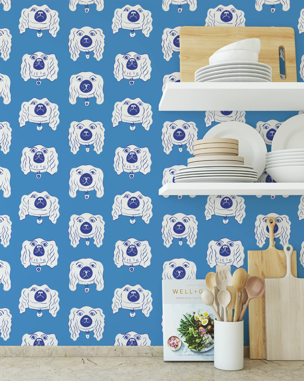 Staffordshire Dogs blue dog wallpaper in a kitchen with white floating shelves and stacked dishware