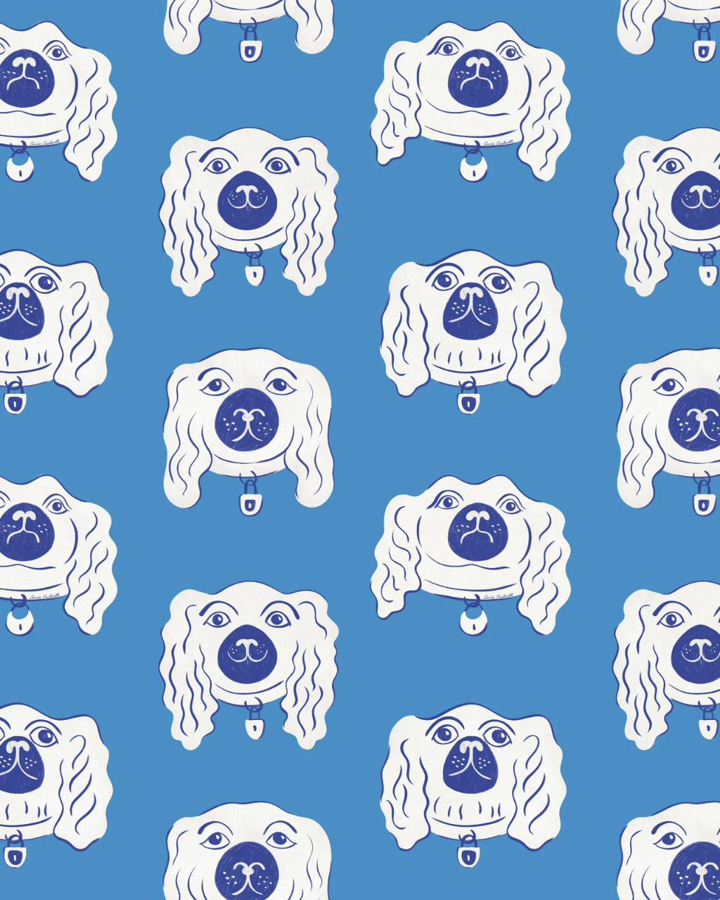 Staffordshire Dogs blue wallpaper featuring illustrated spaniel faces repeated on a cobalt blue background