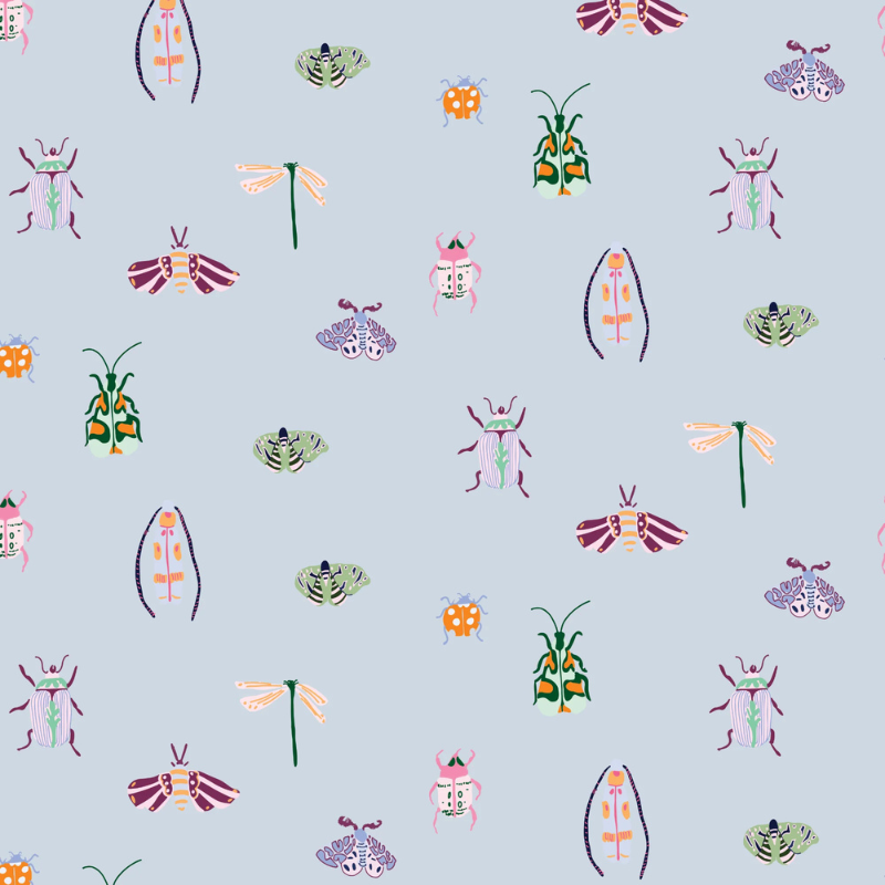 Bugs storybook nursery wallpaper with cute illustrated dragonflies, beetles, and ladybugs on a soft pastel background.
