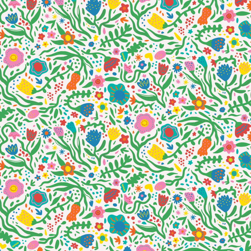 Campbell Street Garden storybook nursery wallpaper with bright, Scandinavian-style flowers in a cheerful, illustrated pattern.