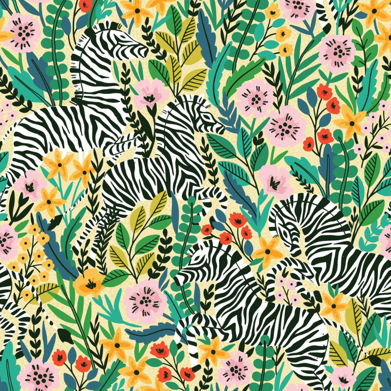 Casablanca storybook nursery wallpaper with zebras hidden among colorful flowers and lush foliage for a whimsical nursery.