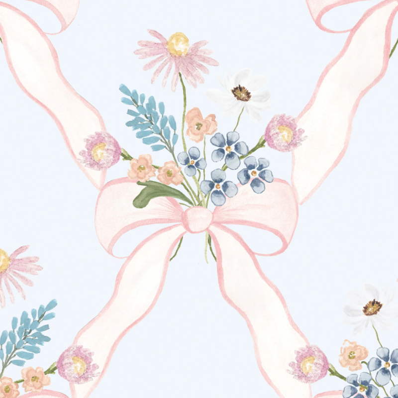 Daphne storybook nursery wallpaper featuring pastel bows in a trellis pattern with delicate flowers for a charming, classic nursery look.
