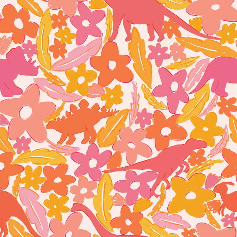 Dinosaur Garden storybook nursery wallpaper with bright maximalist blooms and hidden dinosaurs throughout for a playful nursery.
