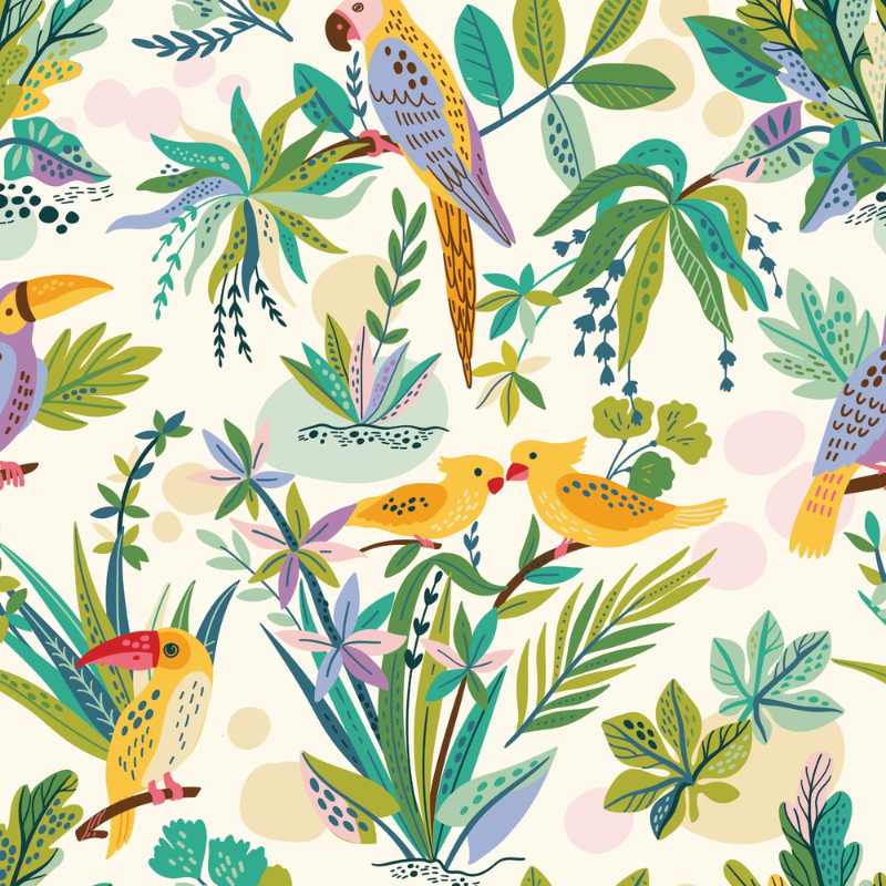 Exotic Birds storybook nursery wallpaper with colorful toucans in the trees for a bright, jungle-inspired nursery.