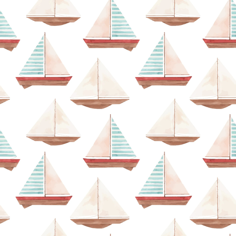 Harbor Island storybook nursery wallpaper with painterly pastel sailboats on an off-white background for a breezy nursery.