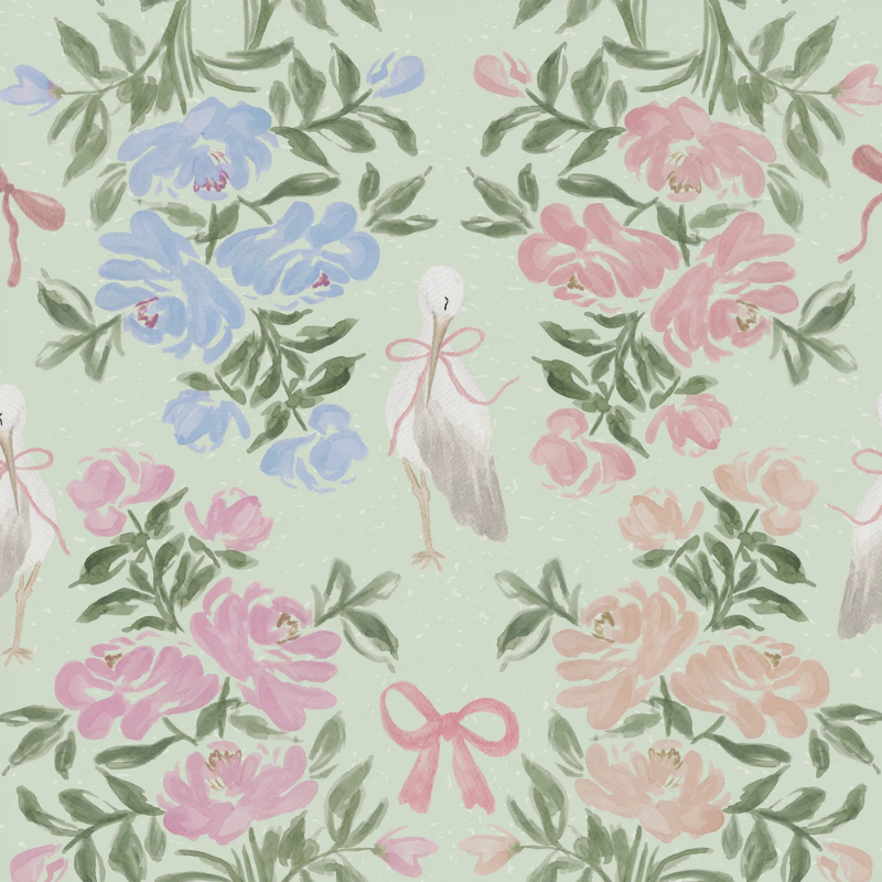 Penelope’s Garden storybook nursery wallpaper with soft painterly florals and a white stork in a sweet, classic nursery palette.
