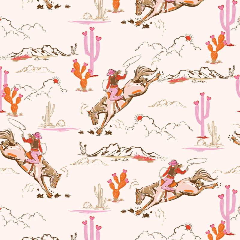 Phoenix storybook nursery wallpaper featuring a cowgirl on a bucking bronco among cacti and western scenery.