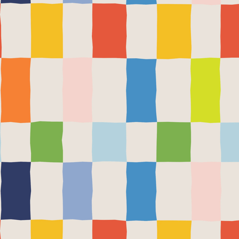 Wonky Checks storybook nursery wallpaper with a multicolored, retro checkerboard pattern for a fun maximalist nursery.