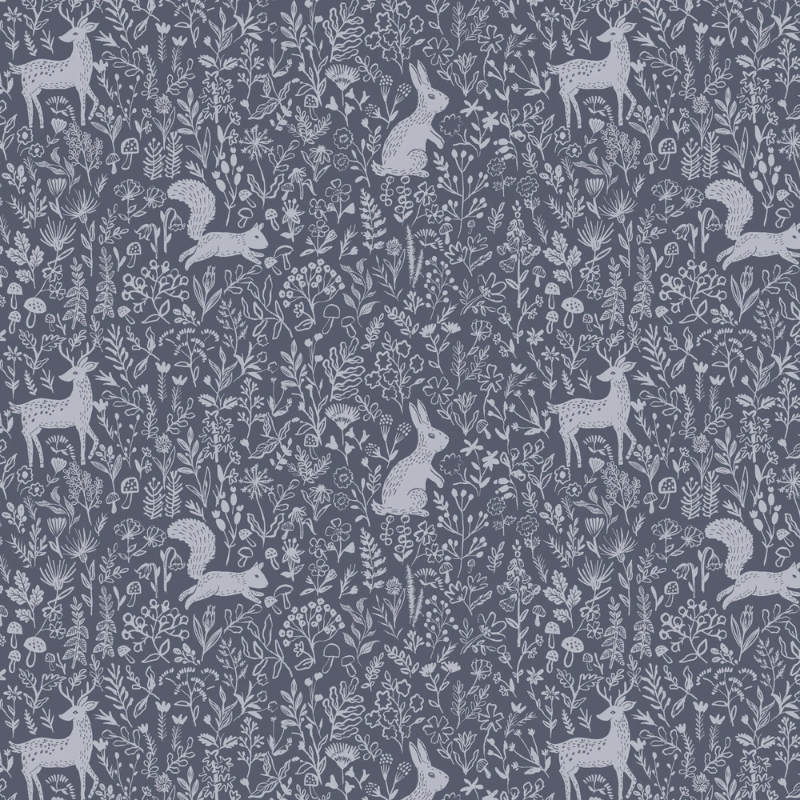 Woodland Animals storybook nursery wallpaper with squirrels, deer, and rabbits among forest florals for a cozy nature nursery.