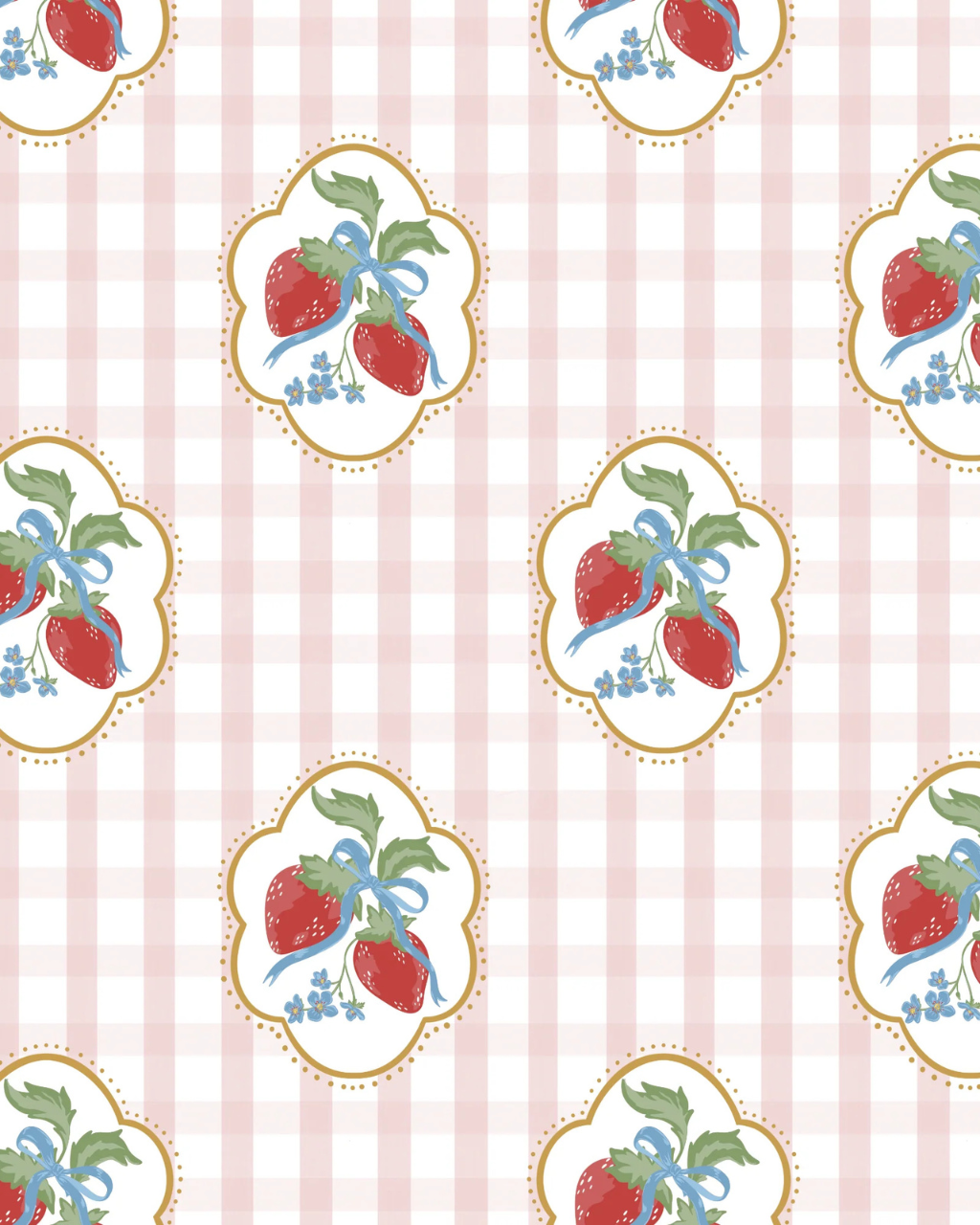 Strawberries and Gingham wallpaper with ruby red strawberries and pink gingham shown in a cozy cottage-style room interior | Kitchen Wallpaper Ideas by Funky Paper Co