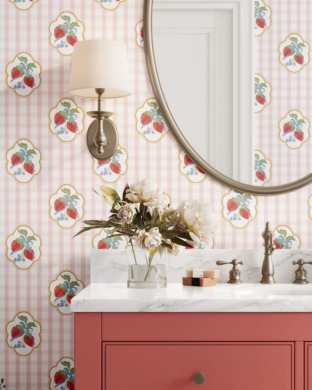 Strawberries and Gingham wallpaper with ruby red strawberries and pink gingham shown in a cozy cottage-style room interior | Kitchen Wallpaper Ideas by Funky Paper Co