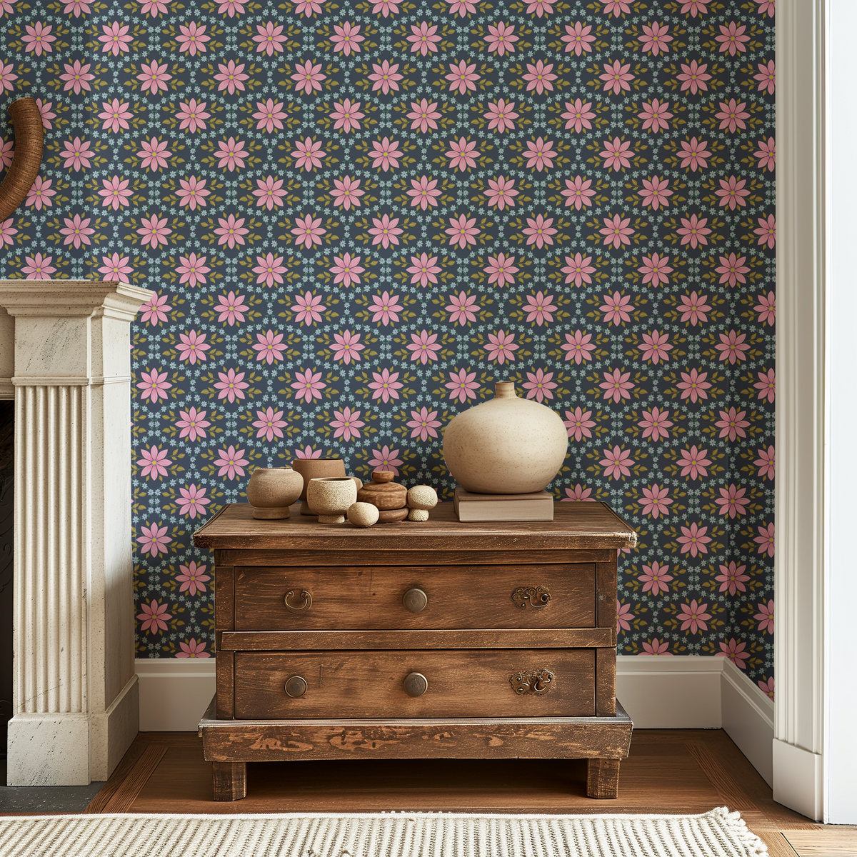 Summer Floral Ogee - Navy