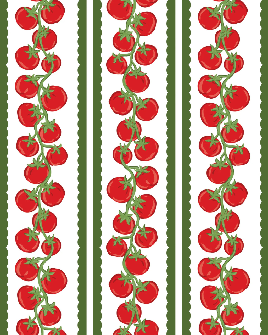 Tomato Garden wallpaper featuring illustrated tomato vines and green striped accents shown in a vintage-inspired room setting | Kitchen Wallpaper Ideas by Funky Paper Co