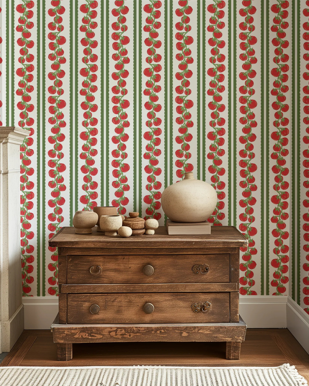 Tomato Garden wallpaper featuring illustrated tomato vines and green striped accents shown in a vintage-inspired room setting | Kitchen Wallpaper Ideas by Funky Paper Co