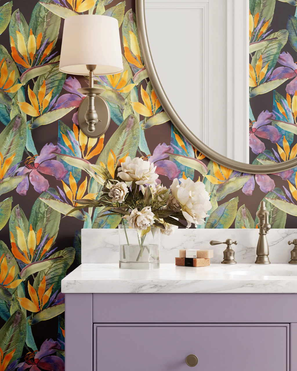 Powder room with Tropical Bird of Paradise Black wallpaper by Valerie Englehart, showing bold tropical florals and colorful foliage against a dark backdrop | Peel and stick Wallpaper by Funky Paper Co