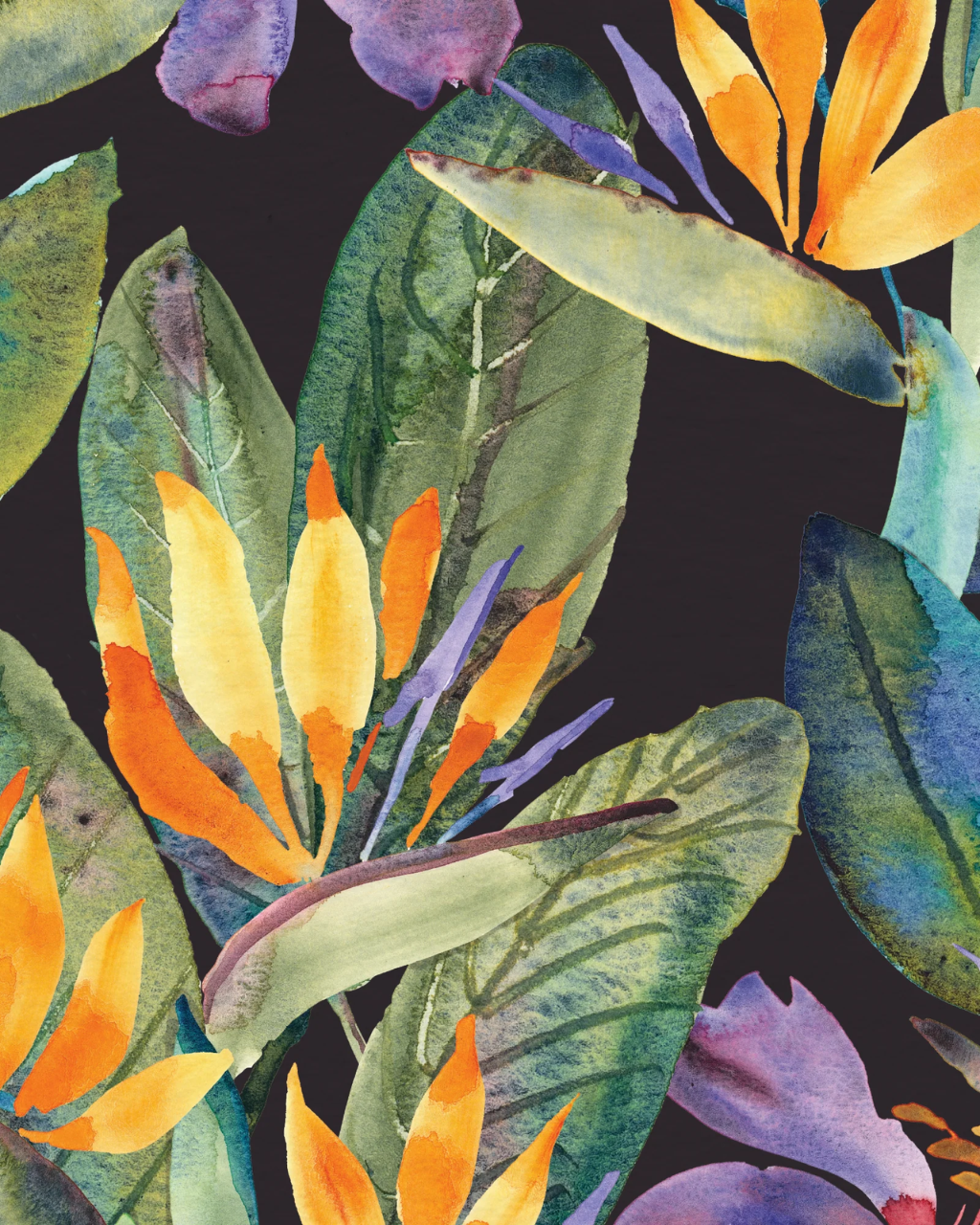 Watercolor tropical floral wallpaper pattern featuring vibrant orange and yellow bird of paradise flowers with green leaves on a solid black background.