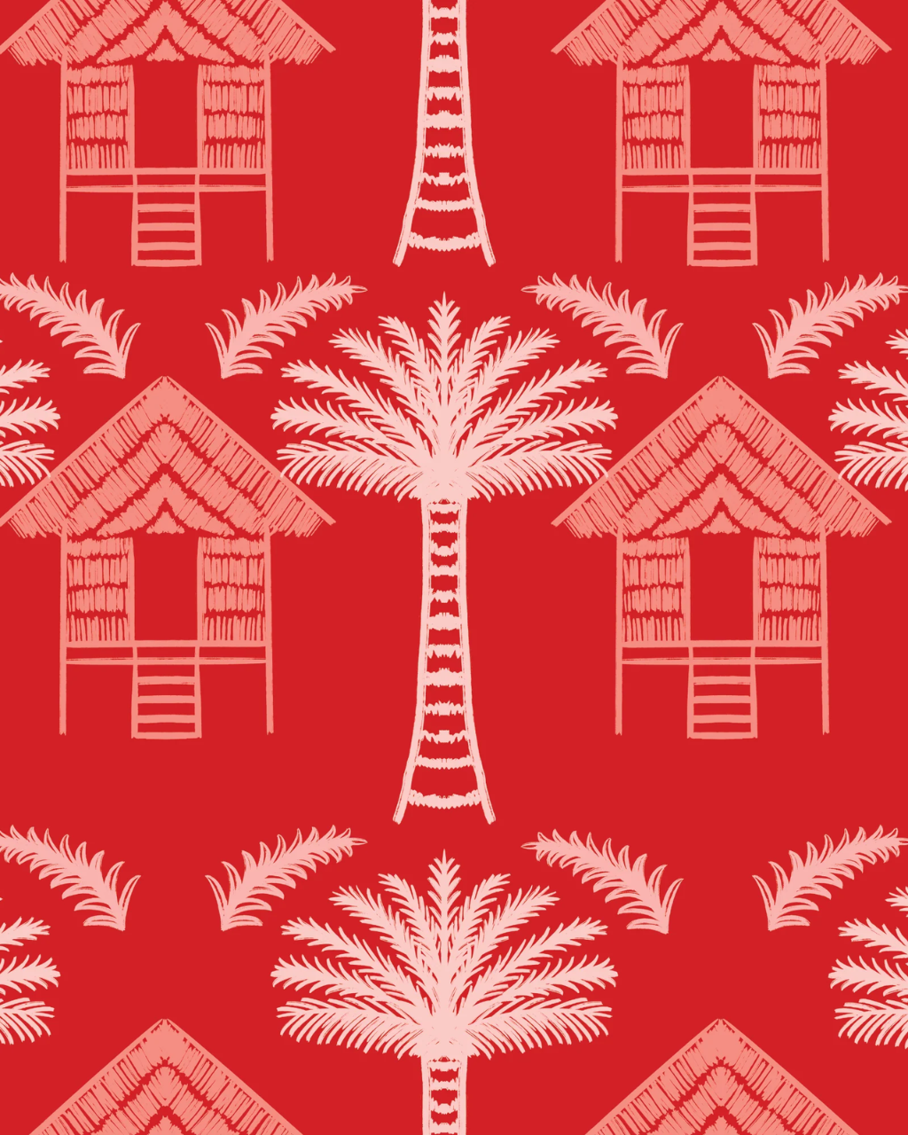A repeating tropical wallpaper pattern featuring cream-colored palm trees and thatched tropical huts on a solid bright red background.