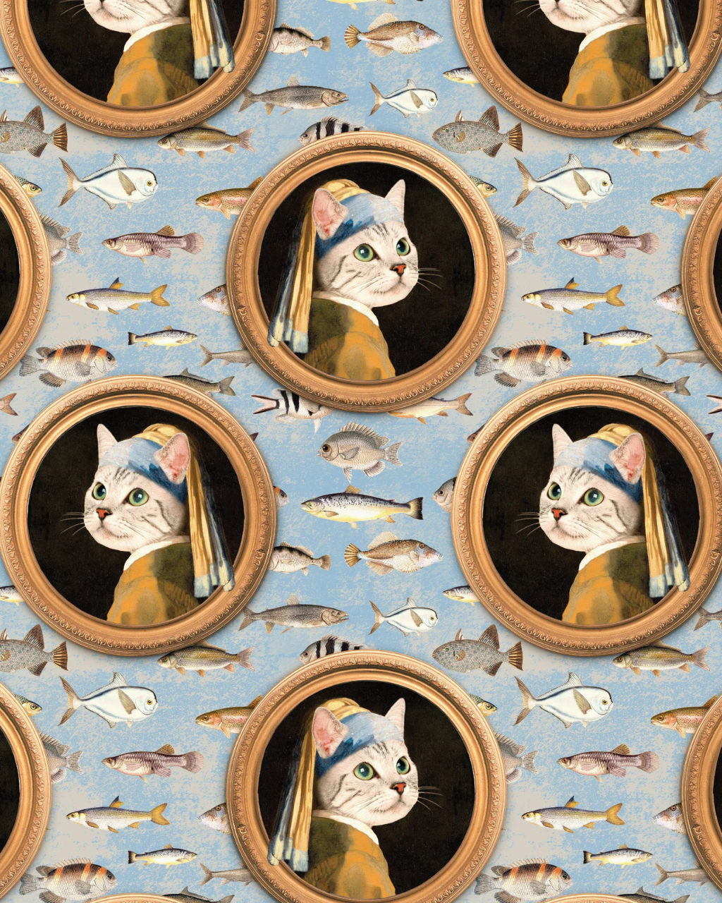 True Vermeer Cats light blue wallpaper featuring a tabby cat Girl with the Pearl Earring portrait surrounded by fish
