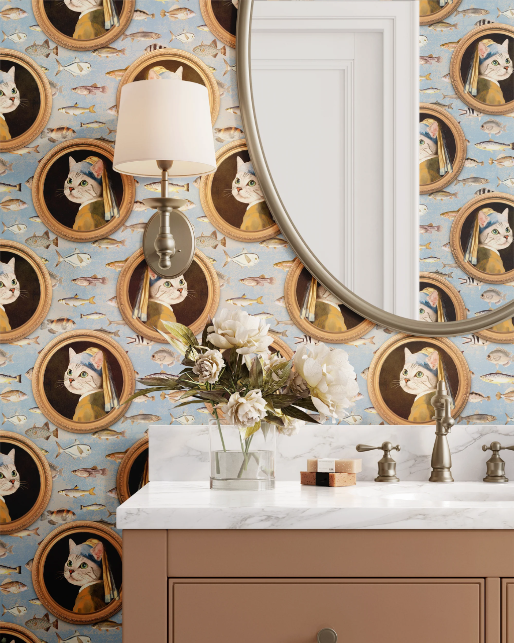 True Vermeer Cats cat wallpaper in a bathroom with marble countertop and round mirror