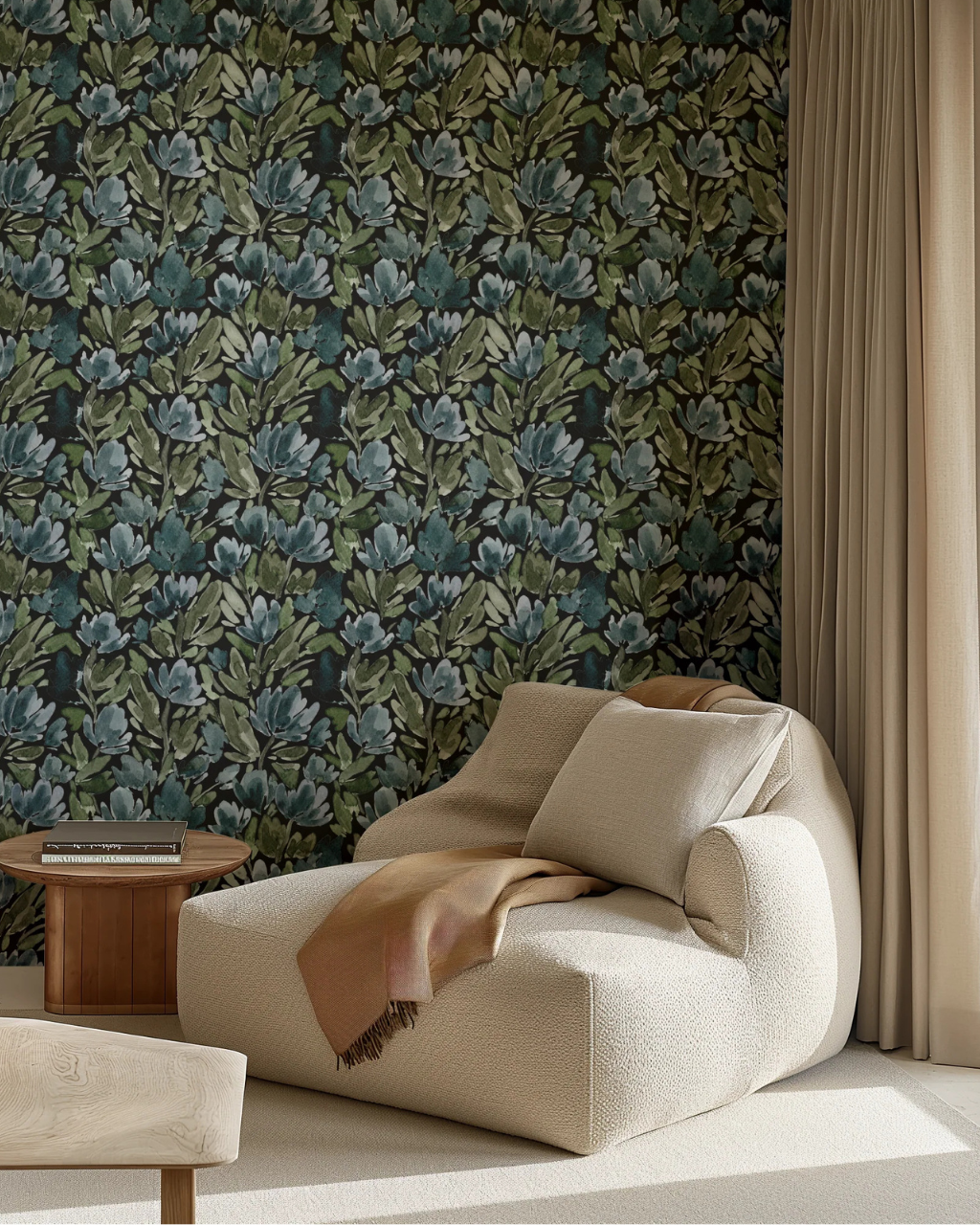 Living room featuring Tulip Vines Black wallpaper by Sabina Maria, with moody blue tulips and soft watercolor brushstrokes on a dark backdrop | Peel and stick Wallpaper by Funky Paper Co