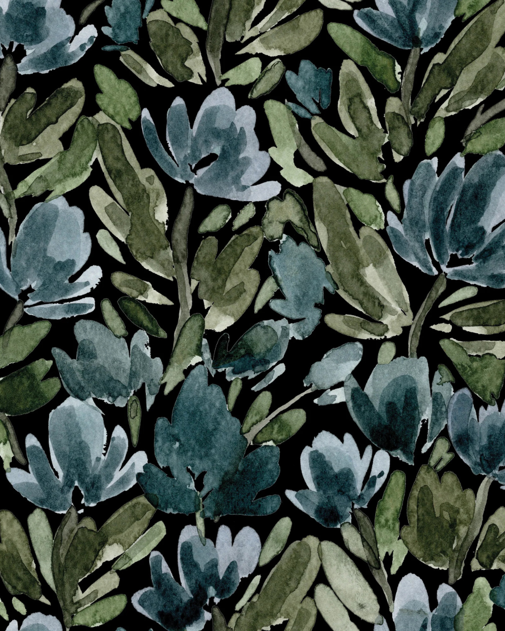 Close-up of Tulip Vines Black wallpaper by Sabina Maria featuring dark blue and green watercolor tulips against a black background | Peel and stick Wallpaper by Funky Paper Co