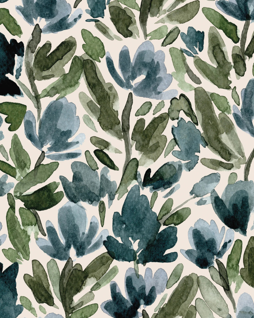 Tulip Vines wallpaper with expressive watercolor midnight blue tulips and seaweed green leaves on a warm cream backdrop, styled in a moody room interior | Funky Paper Co