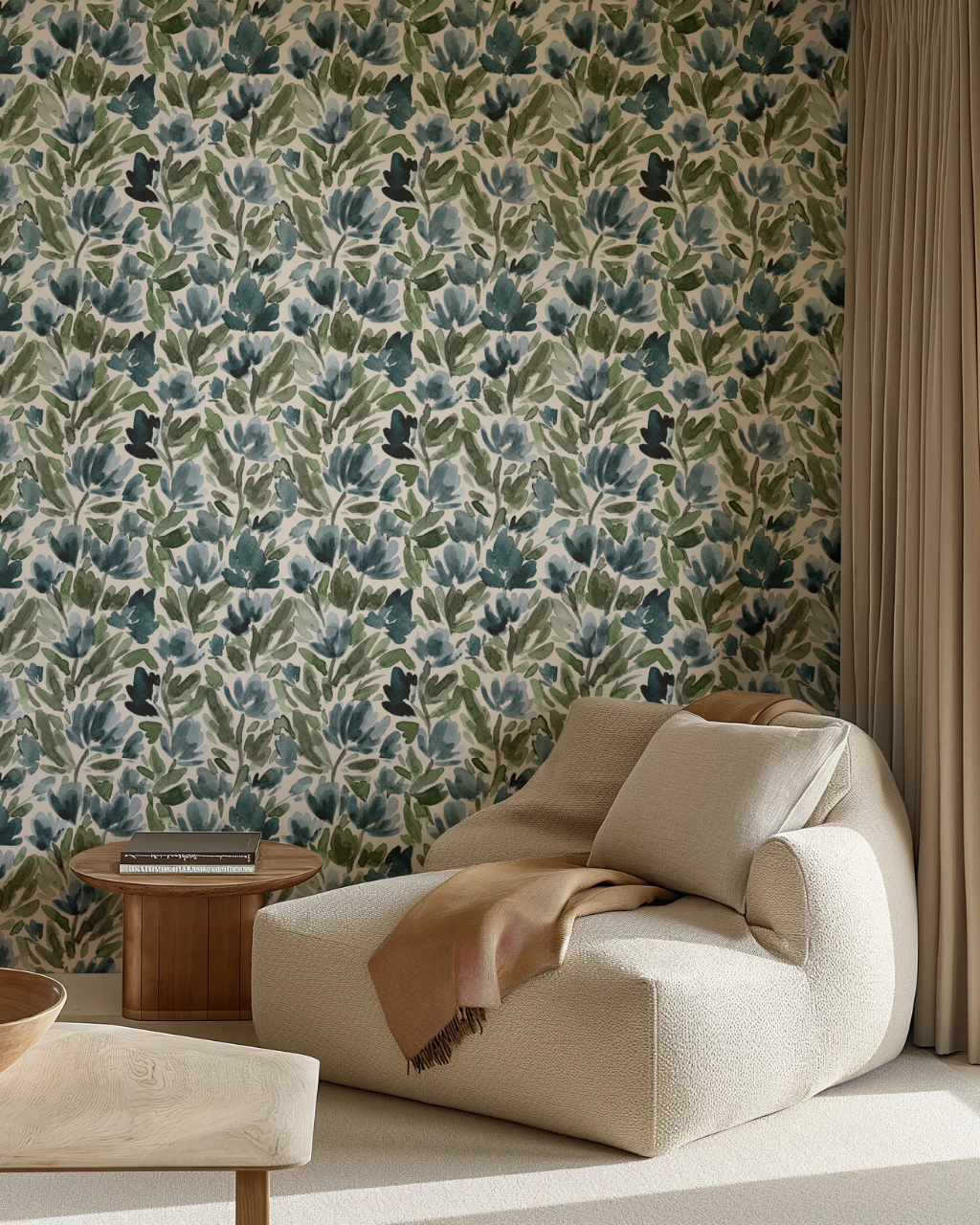 Tulip Vines wallpaper with expressive watercolor midnight blue tulips and seaweed green leaves on a warm cream backdrop, styled in a moody room interior | Funky Paper Co