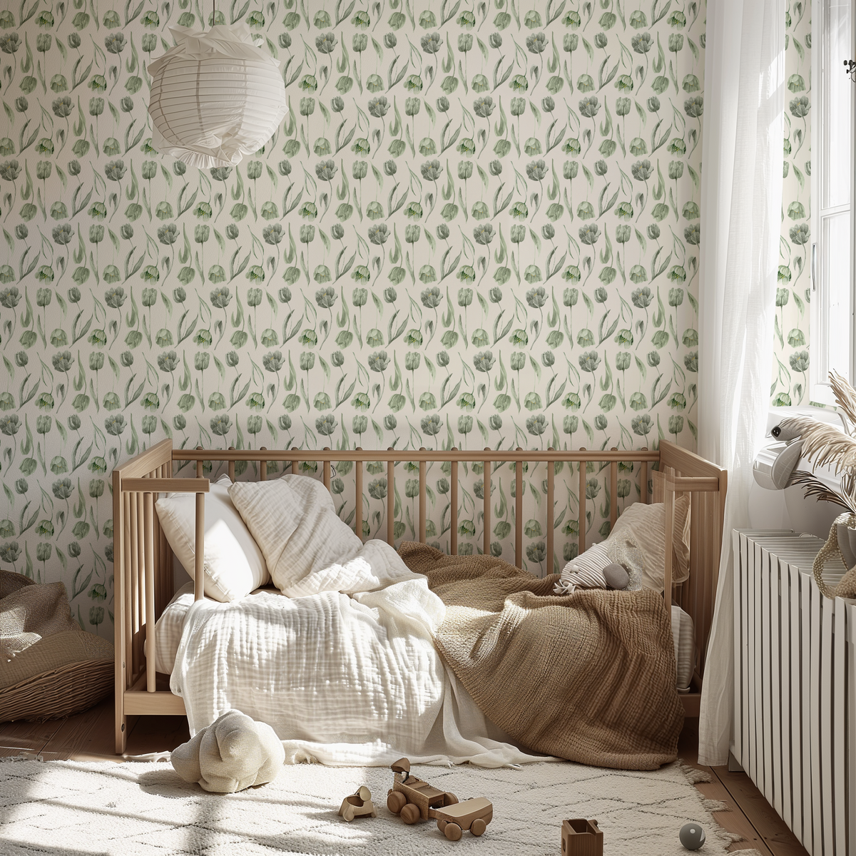 Dutch Watercolor Tulips - Green &amp; Cream