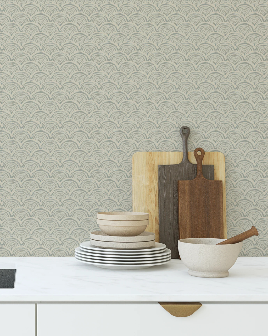 Tulum wallpaper featuring gray dotted scallops on cream, styled in a minimal, modern room with warm neutral decor | Kitchen Wallpaper Ideas by Funky Paper Co