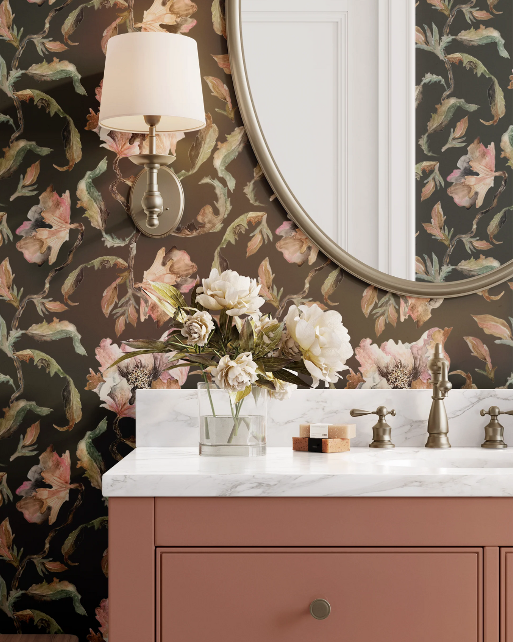 Powder room styled with Twilight wallpaper by Yvonne Hart, showing romantic pink florals and vintage-inspired detailing on a dark backdrop | Peel and stick Wallpaper by Funky Paper Co