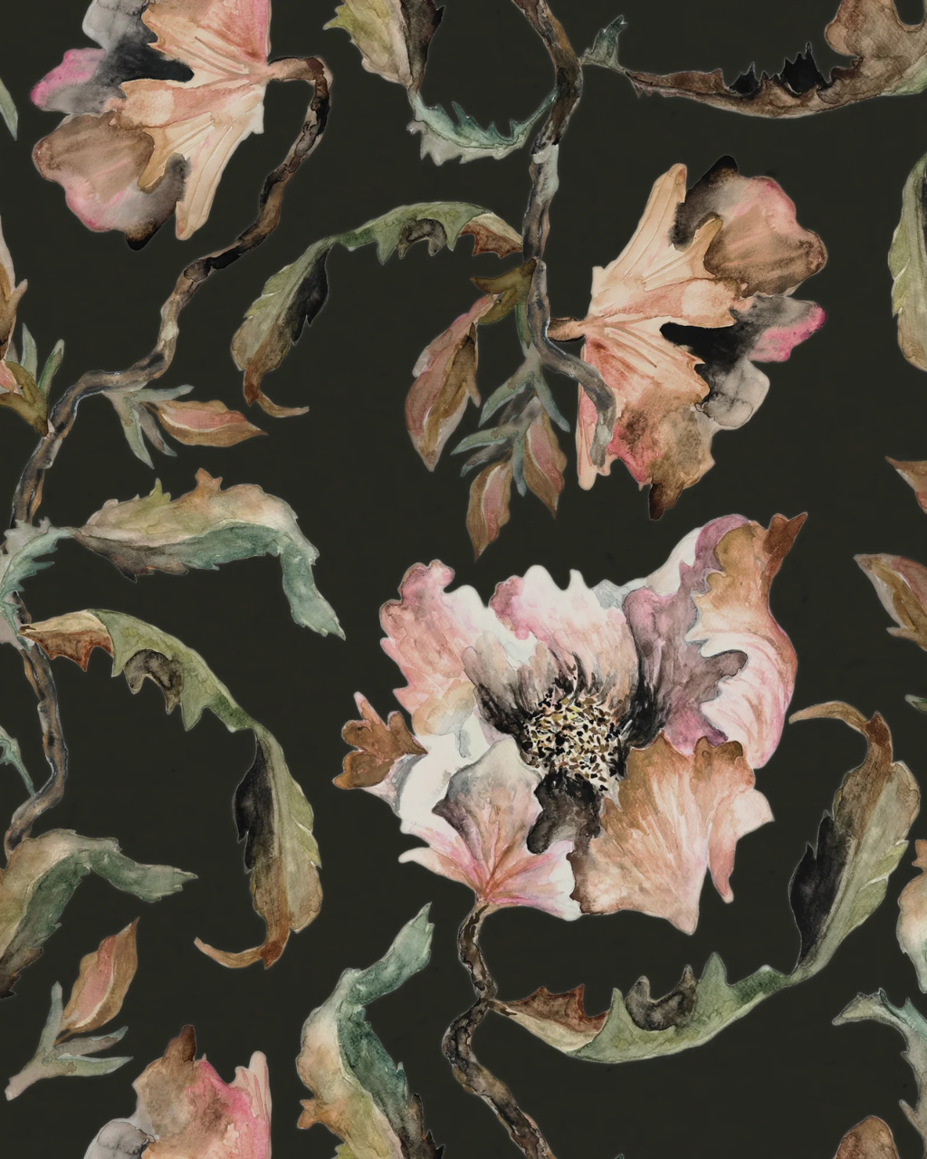 Close-up of Twilight wallpaper by Yvonne Hart featuring soft pink florals and delicate vines against a charcoal black background | Peel and stick Wallpaper by Funky Paper Co