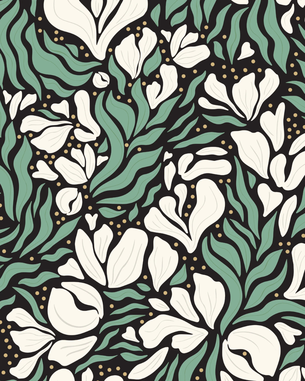Close-up of Untamed Garden wallpaper by Clearly Tangled Studio featuring white lily petals, green leaves, and gold accents on a black background | Peel and stick Wallpaper by Funky Paper Co