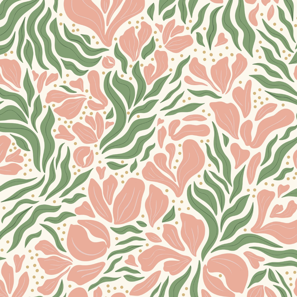 Untamed Garden wallpaper with modern pink and green florals on a cream background, adding a fresh, romantic touch to any wedding or engagement photo booth.